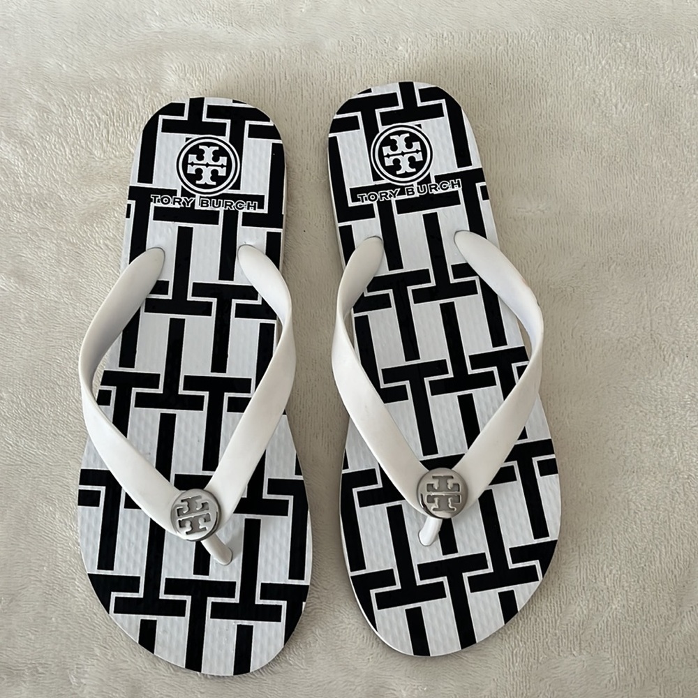 Tory Burch Black & White Logo Pattern Flip Flop Sandals